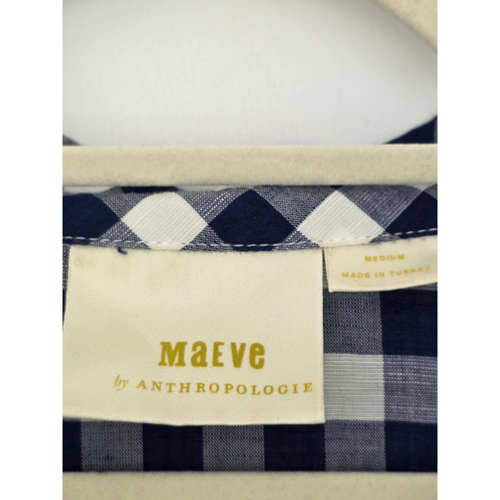 Maeve Anthropologie Navy Gingham Flounced Ruffle Shirt Linen Blend M Oversized - Picture 7 of 10